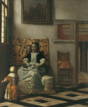 Interior with a woman sewing and a child